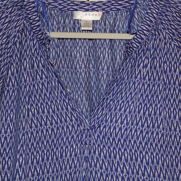 Kenar blue/white geometric v neckline 3/4 sleeve pullover blouse‎ L - Picture 2 of 6